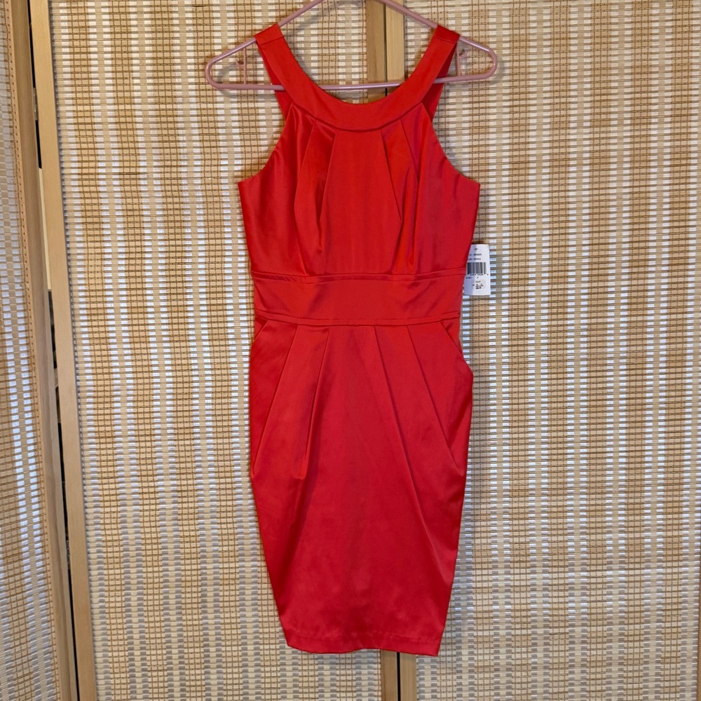 Teeze Me Womens Papaya Orange Pleated High Neck Sheath Dress Size 7 NWT Evening